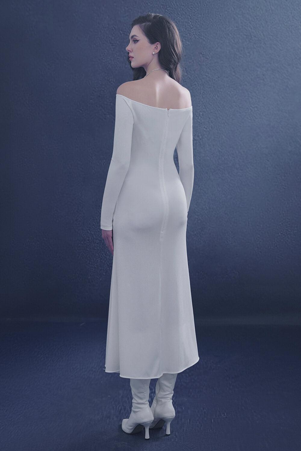Serenara Trumpet Off-Shoulder Wool Midi Dress - MEAN BLVD