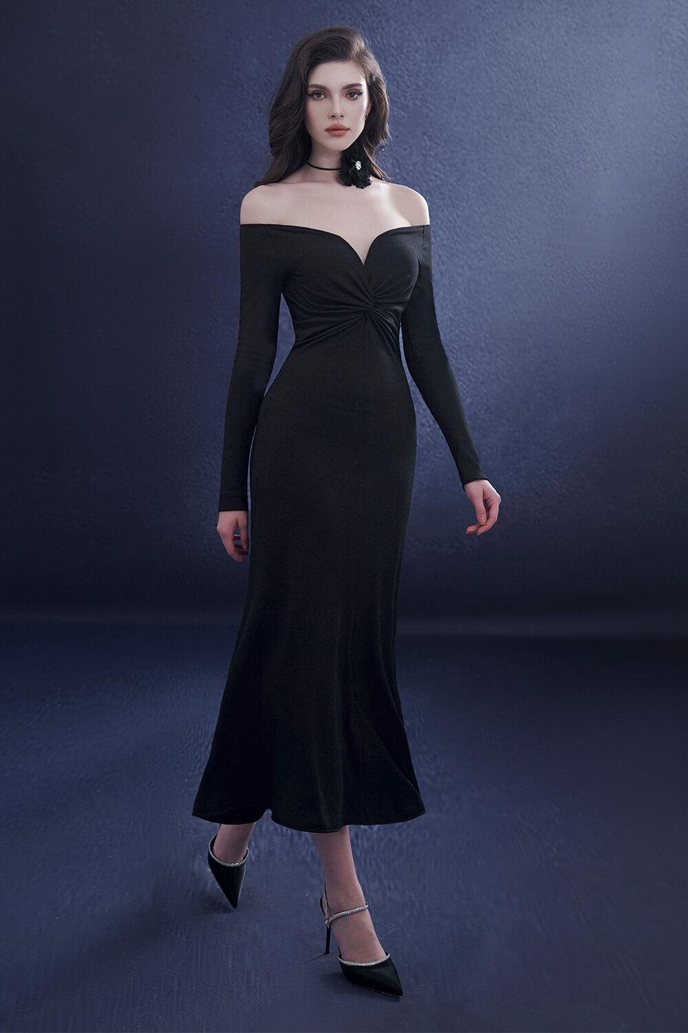 Serenara Trumpet Off-Shoulder Wool Midi Dress - MEAN BLVD