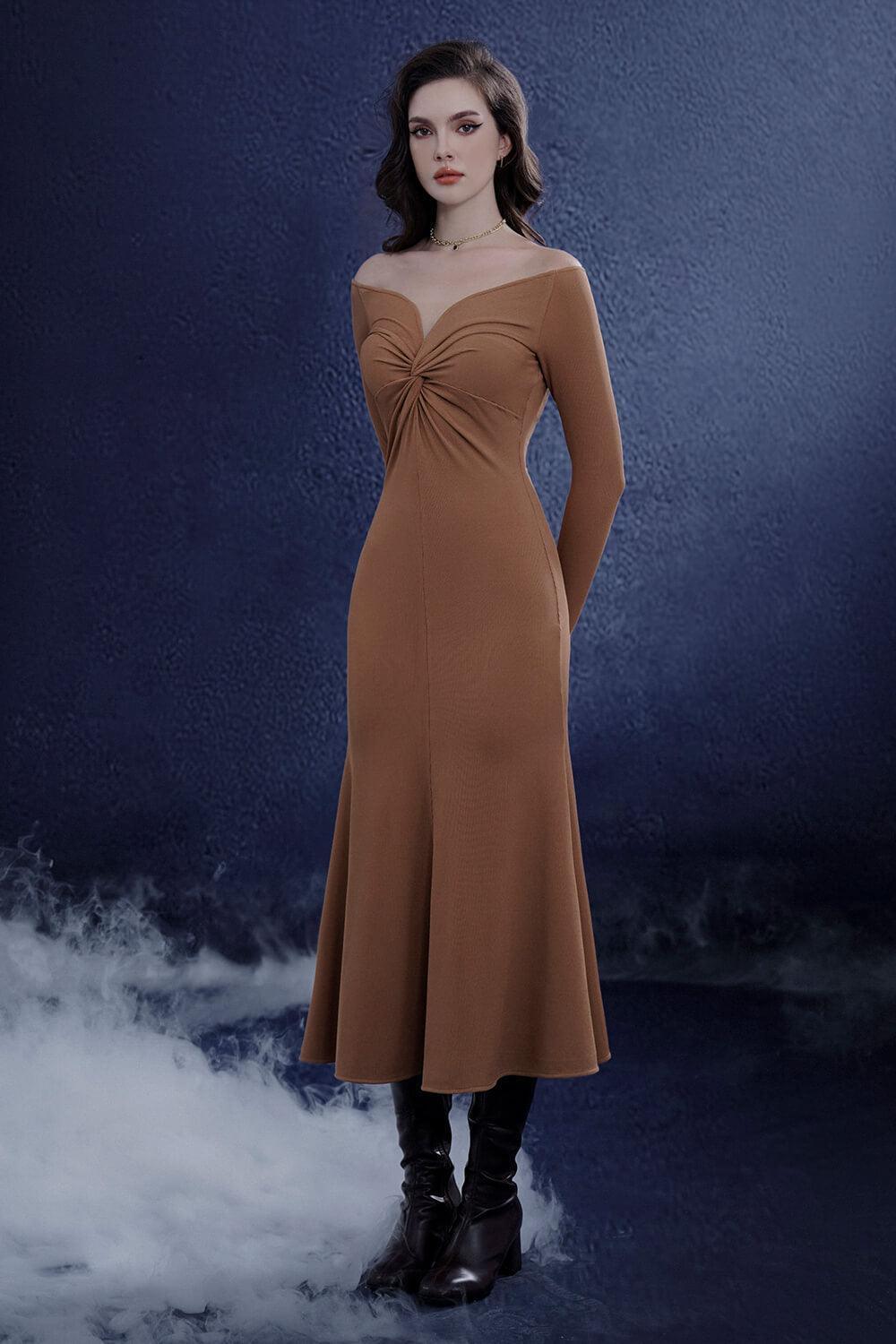 Women's Serenara Trumpet Off-Shoulder Wool Midi Dress S/M/L Brown/Black/White Mean Blvd M / White Women's Serenara Trumpet Off-Shoulder Wool Midi Dress S/M/L Brown/Black/White Mean Blvd M / White