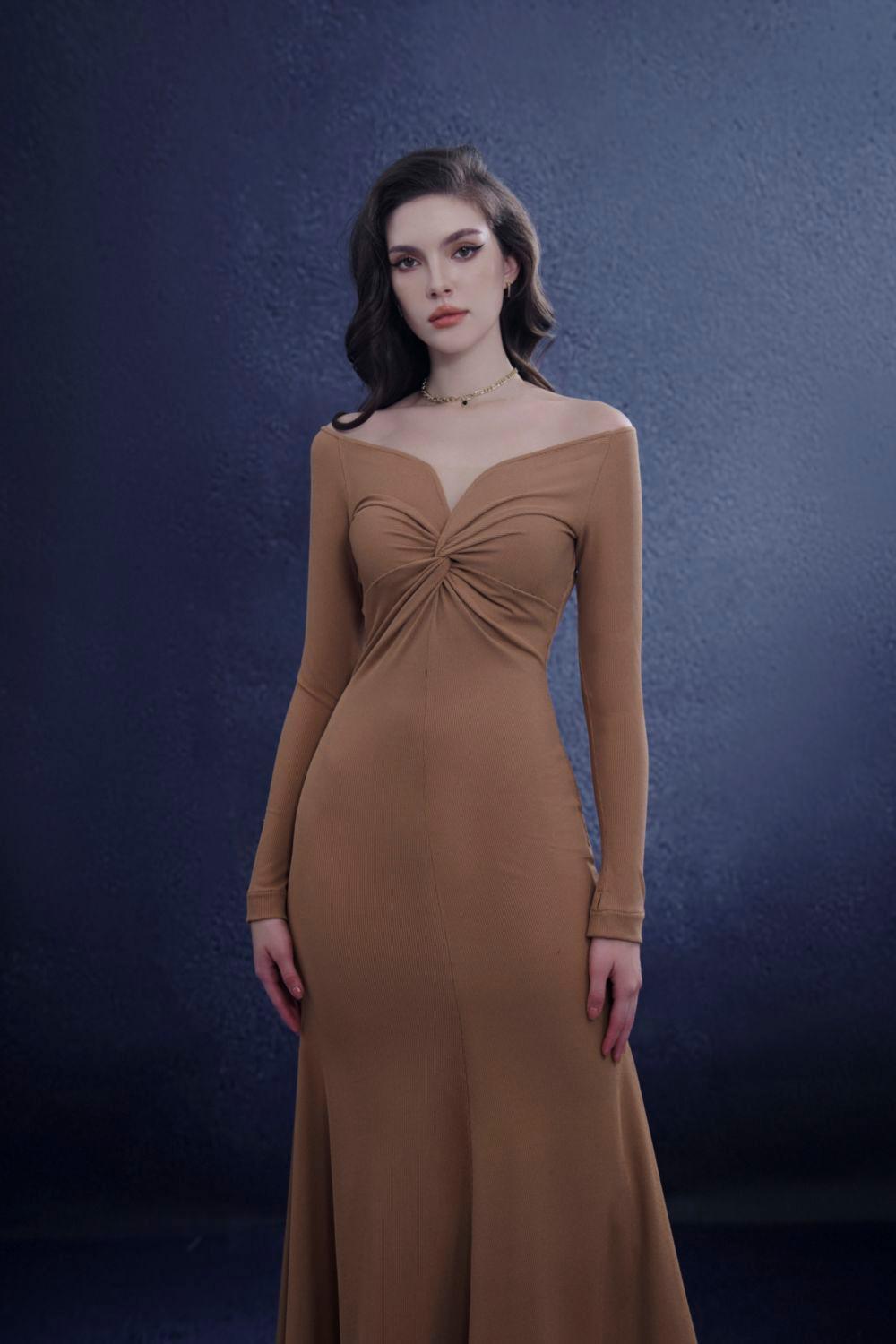 Women's Serenara Trumpet Off-Shoulder Wool Midi Dress S/M/L Brown/Black/White Mean Blvd Customize / Brown