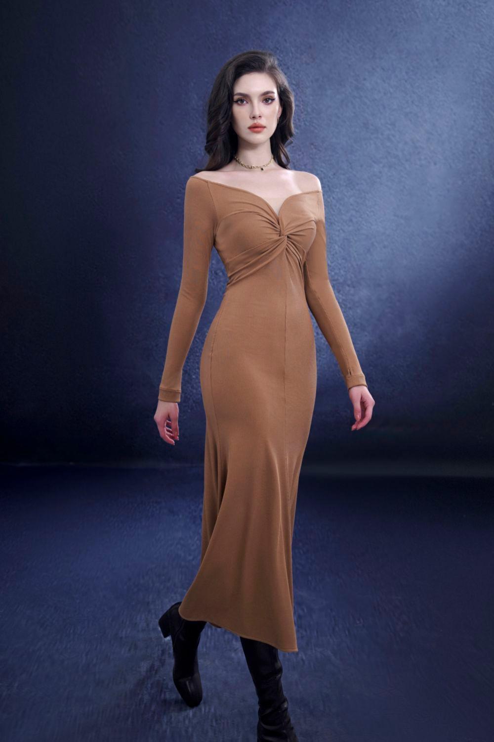 Women's Serenara Trumpet Off-Shoulder Wool Midi Dress S/M/L Brown/Black/White Mean Blvd M / White