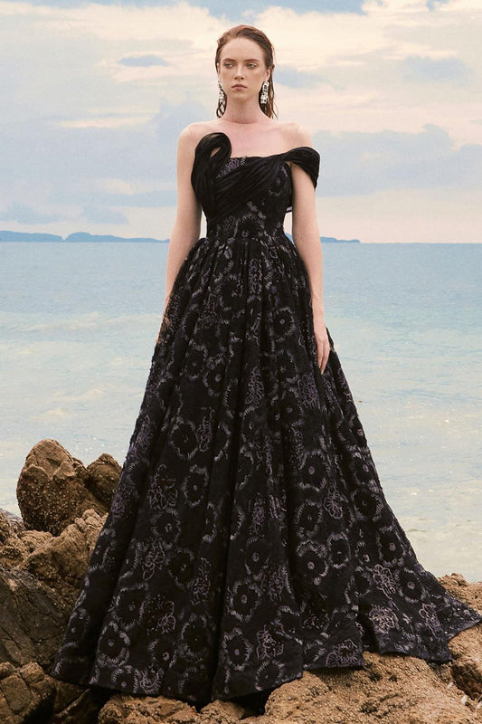 Siren Ball Gown Asymmetric Sleeved Tulle Lace Floor Length Dress - MEAN BLVD