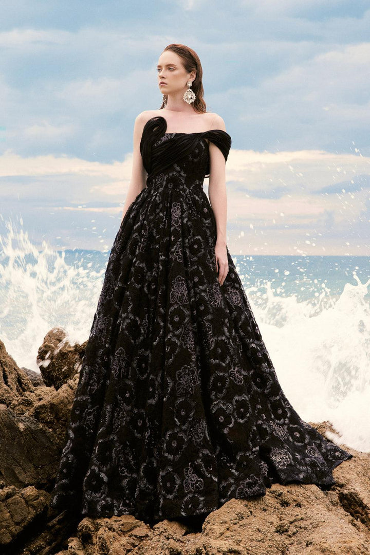 Siren Ball Gown Asymmetric Sleeved Tulle Lace Floor Length Dress - MEAN BLVD