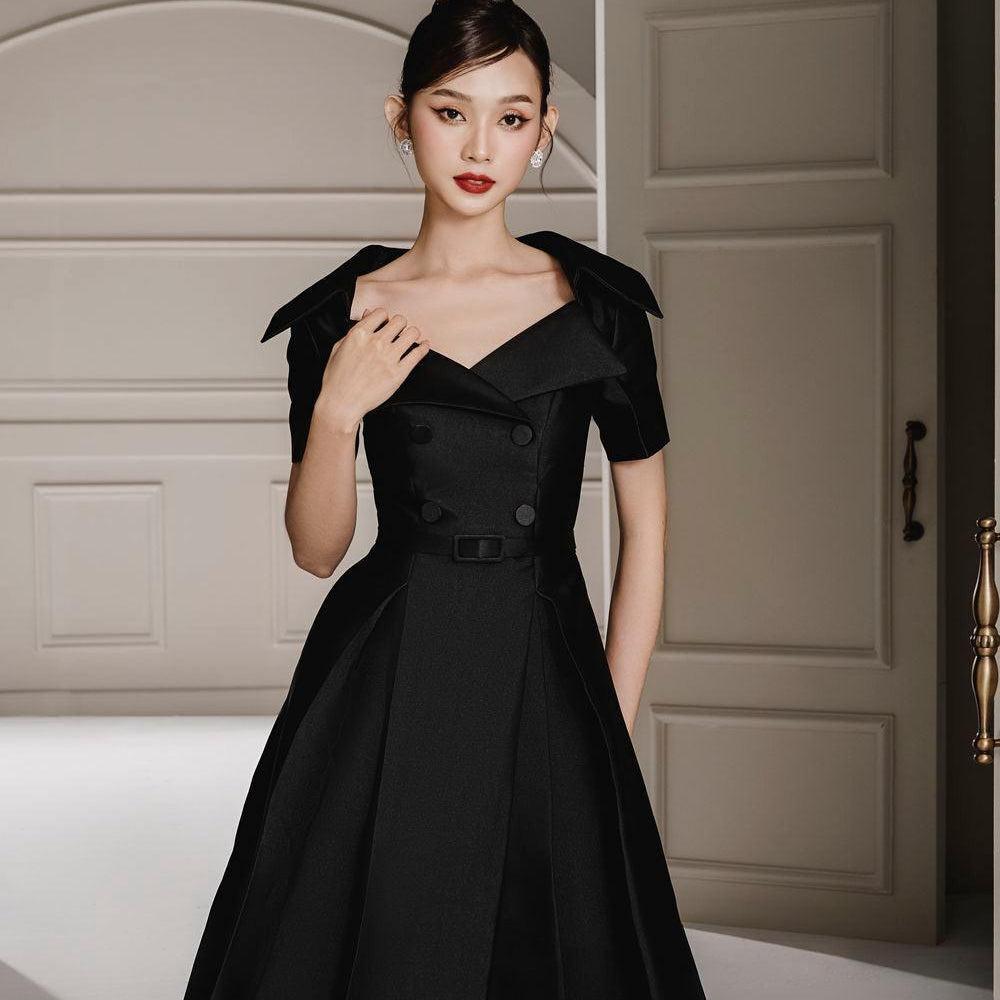 Sky Fit and Flare Queen Anne Neck Taffeta Midi Dress - MEAN BLVD
