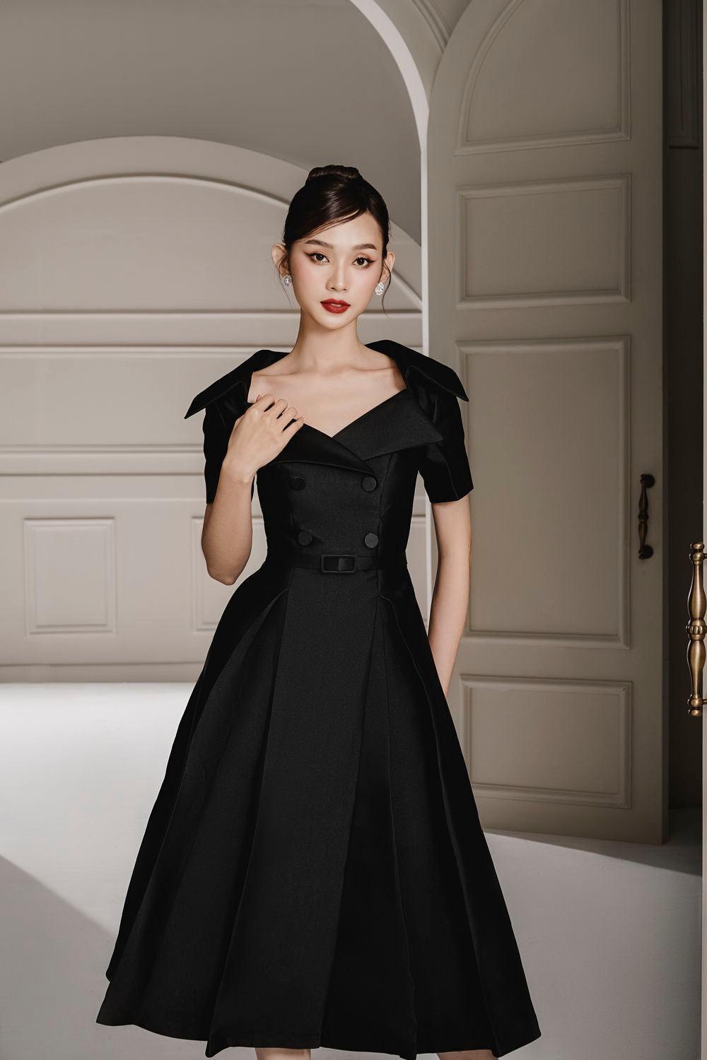 Women's Sky Fit and Flare Queen Anne Neck Taffeta Midi Dress S/M/L/Customize Black Mean Blvd L / Black