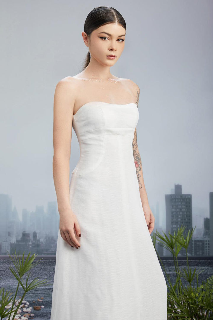 Snow Crash Strapless Semi-Heart Neck Silk Polyester Floor Length Dress - MEAN BLVD