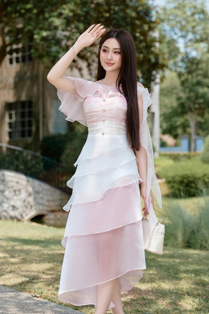 Sofia Asymmetric Layered Pearl Foam Voile Midi Dress - MEAN BLVD