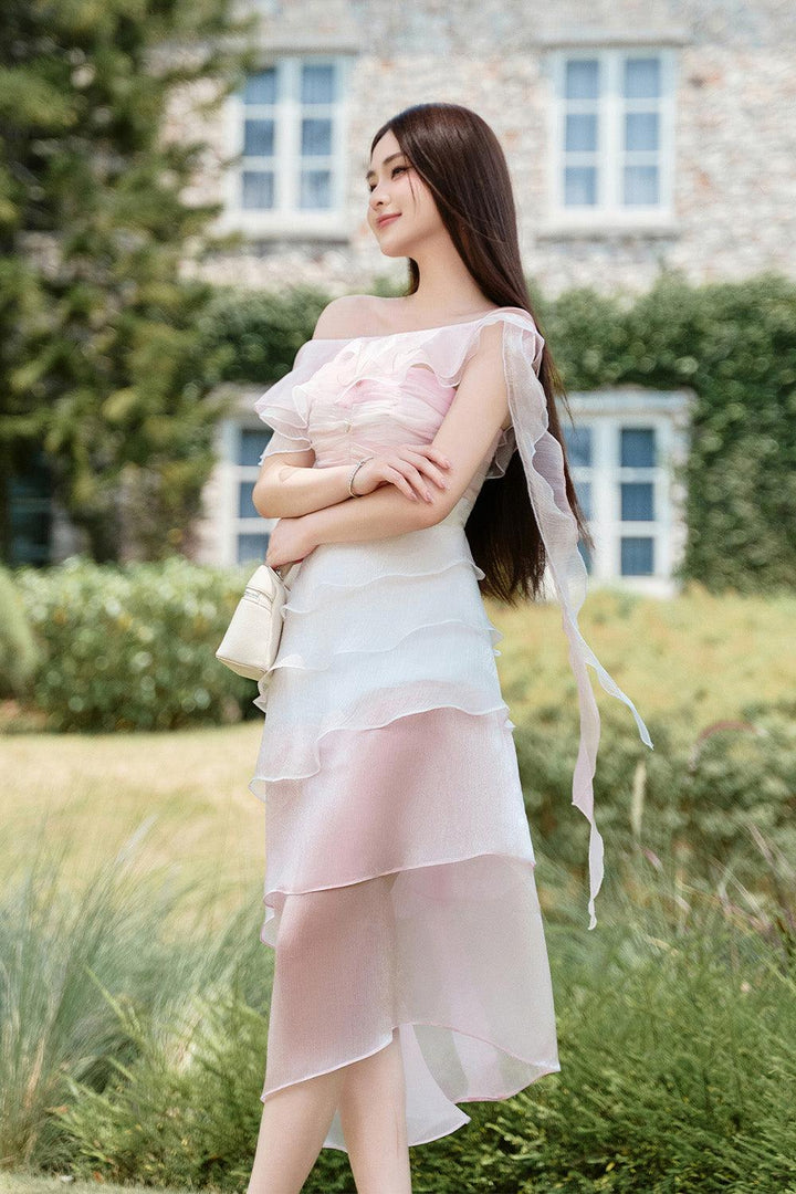 Sofia Asymmetric Layered Pearl Foam Voile Midi Dress - MEAN BLVD