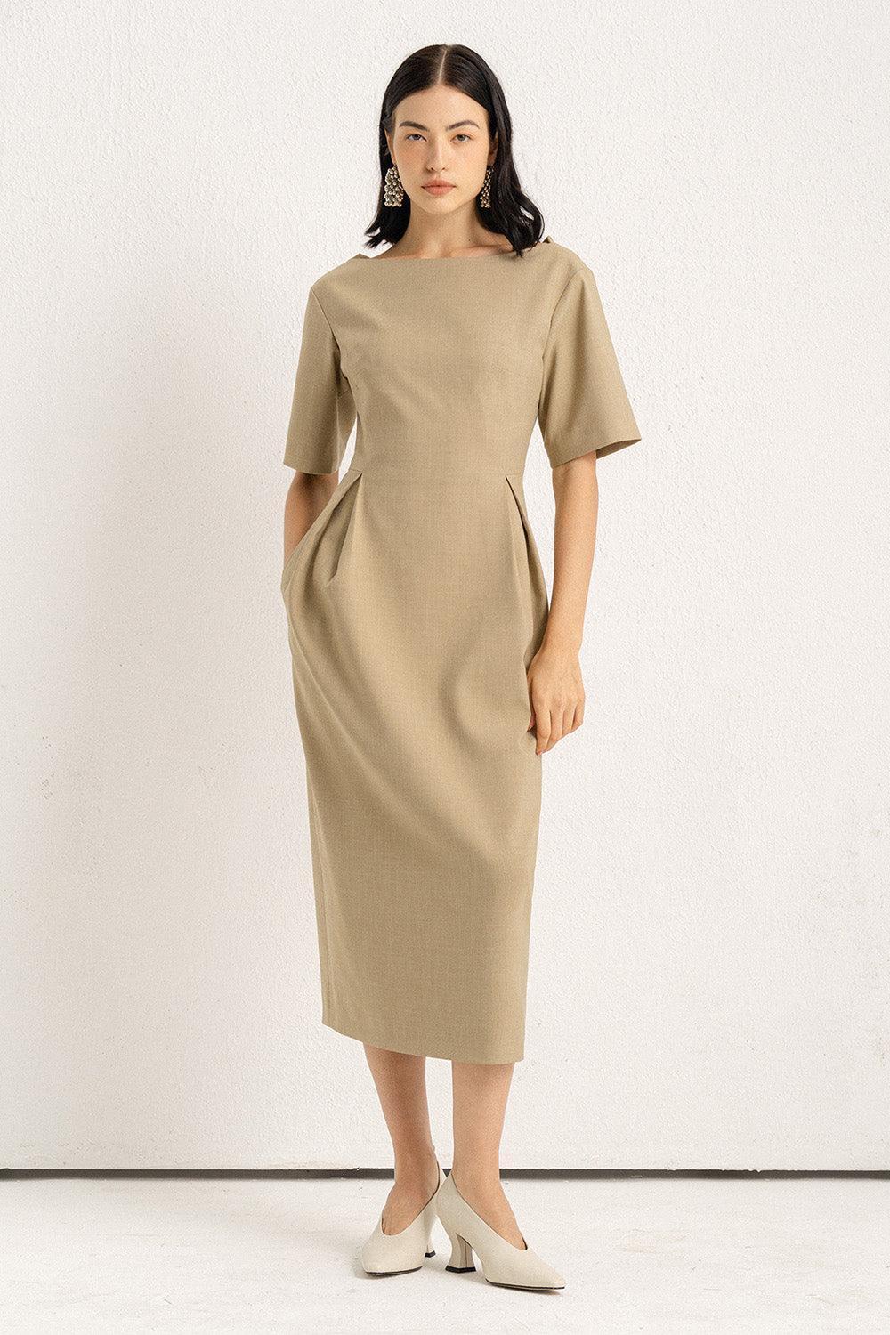 Sohi Sheath Boat Neck Polycotton Midi Dress - MEAN BLVD