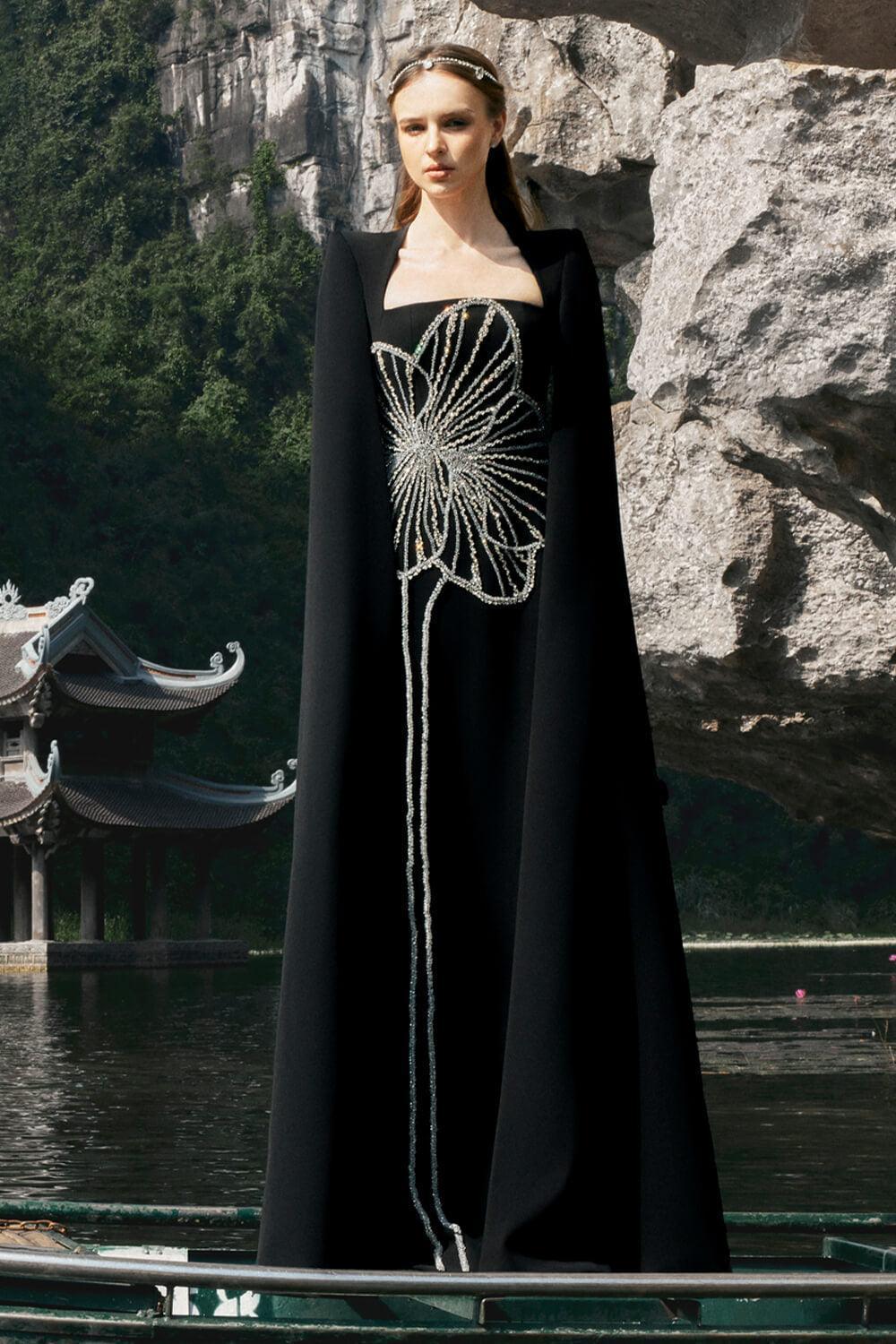 Sojourn Cape Queen Anne Neck Velvet Floor Length Dress L / Black