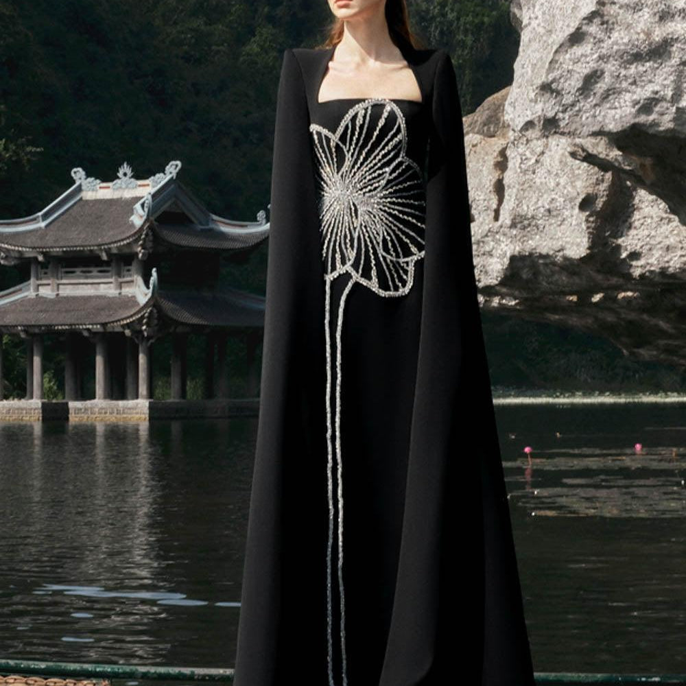 Sojourn Cape Queen Anne Neck Velvet Floor Length Dress - MEAN BLVD