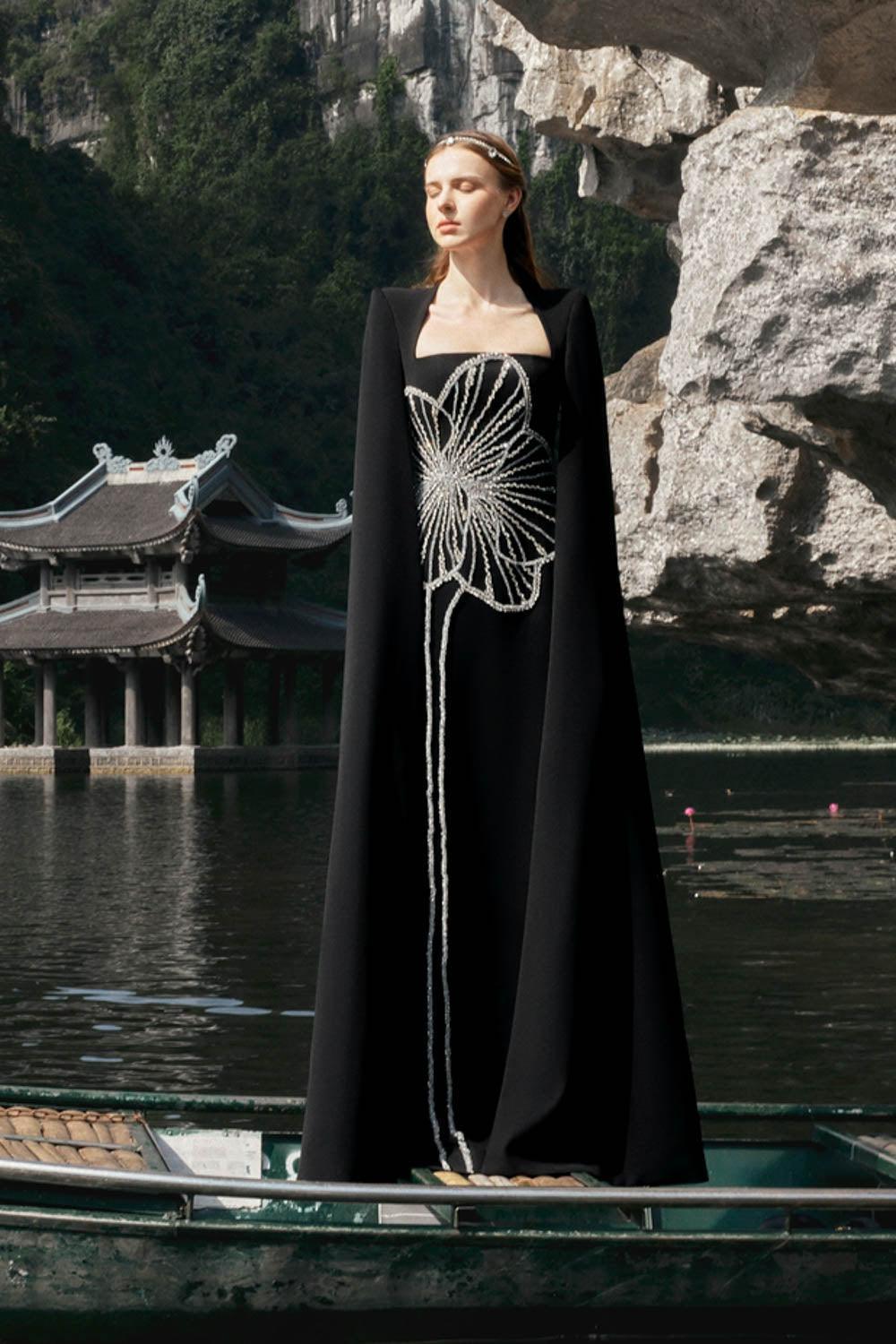 Sojourn Cape Queen Anne Neck Velvet Floor Length Dress - MEAN BLVD