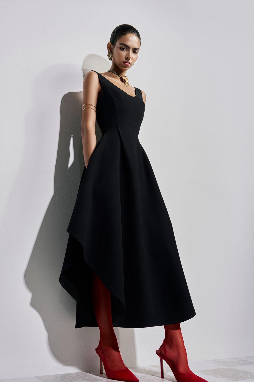 Solange Asymmetric Sleeveless Polyester Ankle Length Dress Black / XL