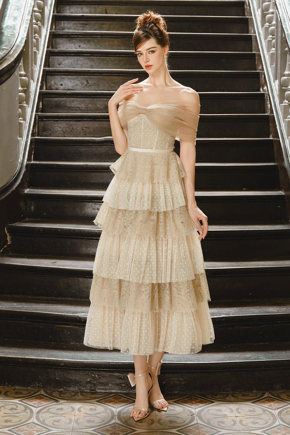 Solara Layered Off-Shoulder Tulle Ankle Length Dress - MEAN BLVD