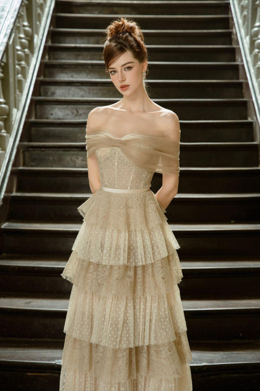 Solara Layered Off-Shoulder Tulle Ankle Length Dress - MEAN BLVD