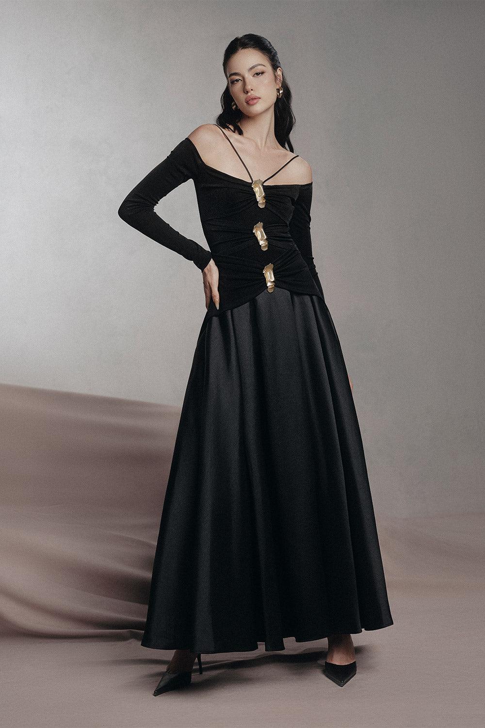 black cold shoulder long dress Alex Evenings Hannah Glitter Mesh Gown Dark Navy / 6
