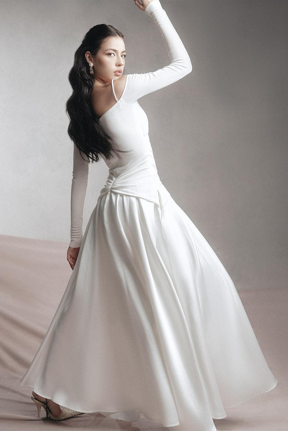Soler A-line Cold Shoulder Sleeved Spandex Taffeta Maxi Dress White / L