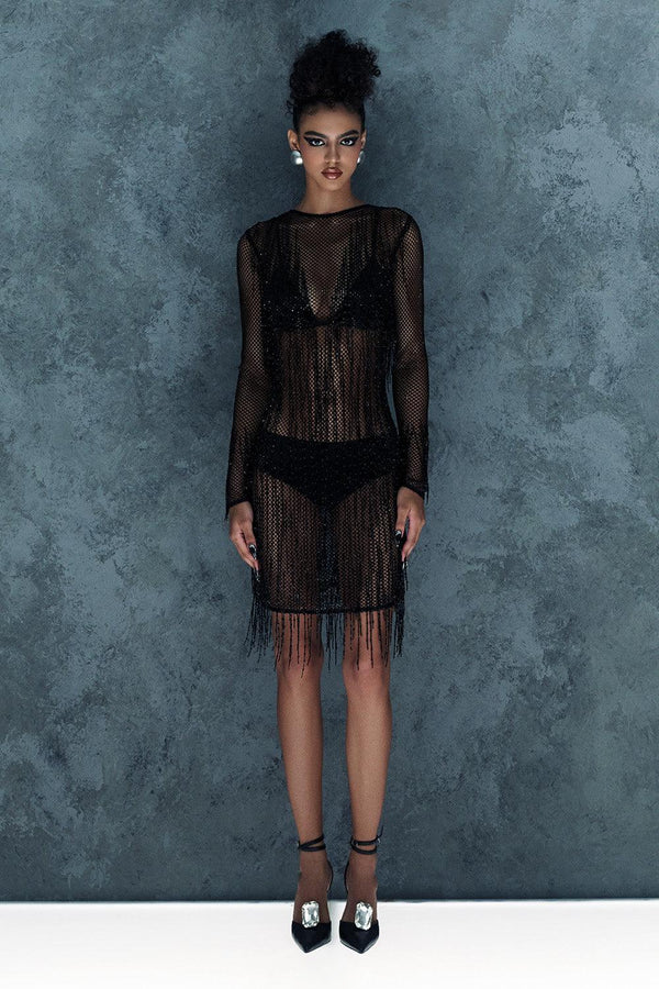 Somber Straight Long Sleeved Mesh Knee-length Dress - MEAN BLVD