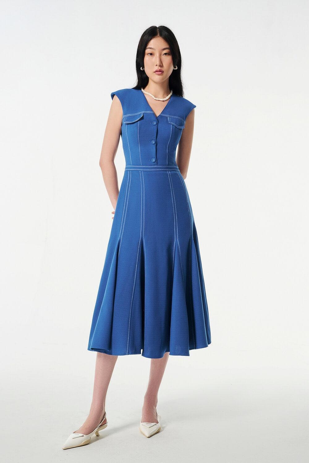 Women's Sona A-line Sleeveless Wool Cotton Midi Dress S/M/L Blue MEAN BLVD