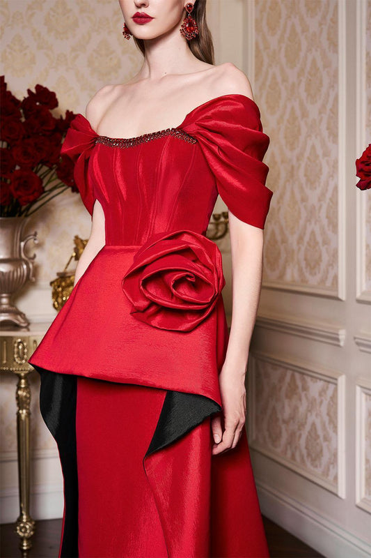 Sophia Peplum Off-Shoulder Taffeta Floor Length Dress - MEAN BLVD