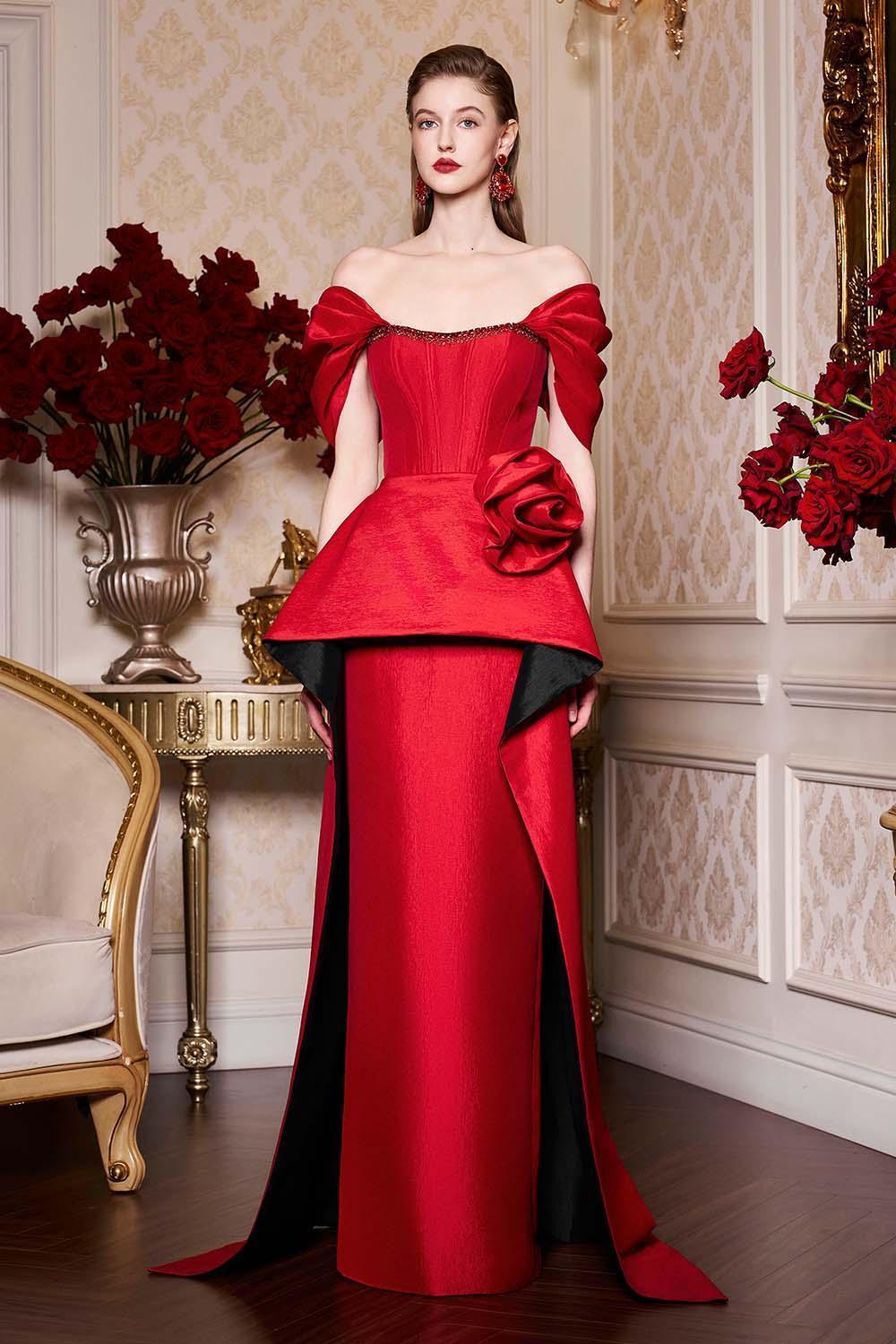 Sophia Peplum Off-Shoulder Taffeta Floor Length Dress - MEAN BLVD