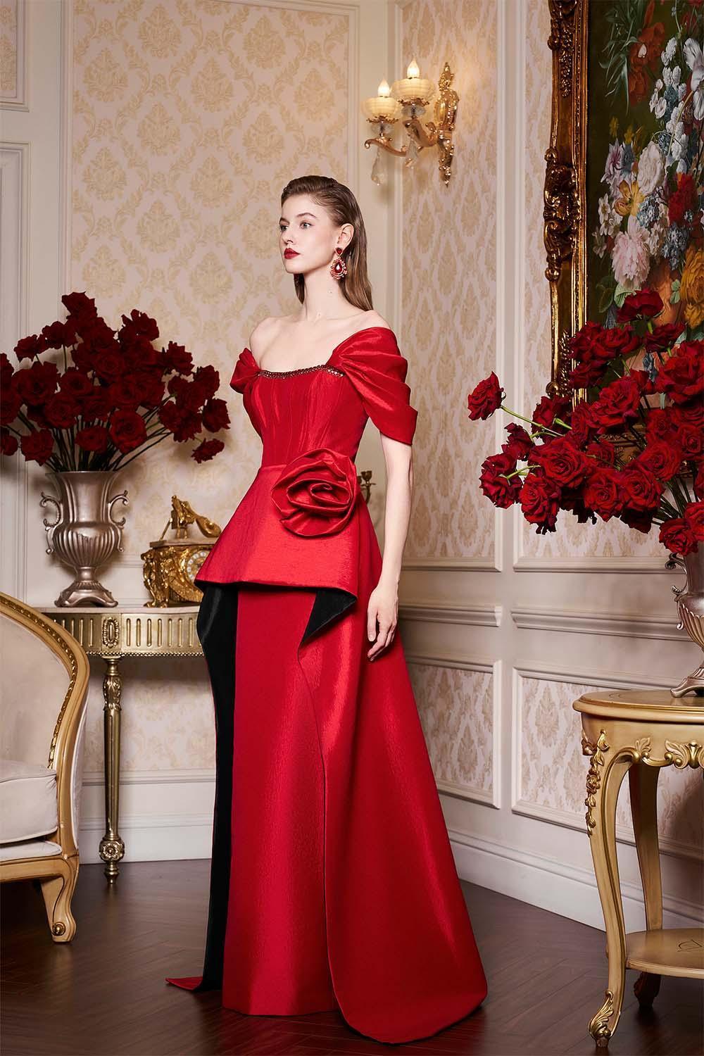 Sophia Peplum Off-Shoulder Taffeta Floor Length Dress - MEAN BLVD