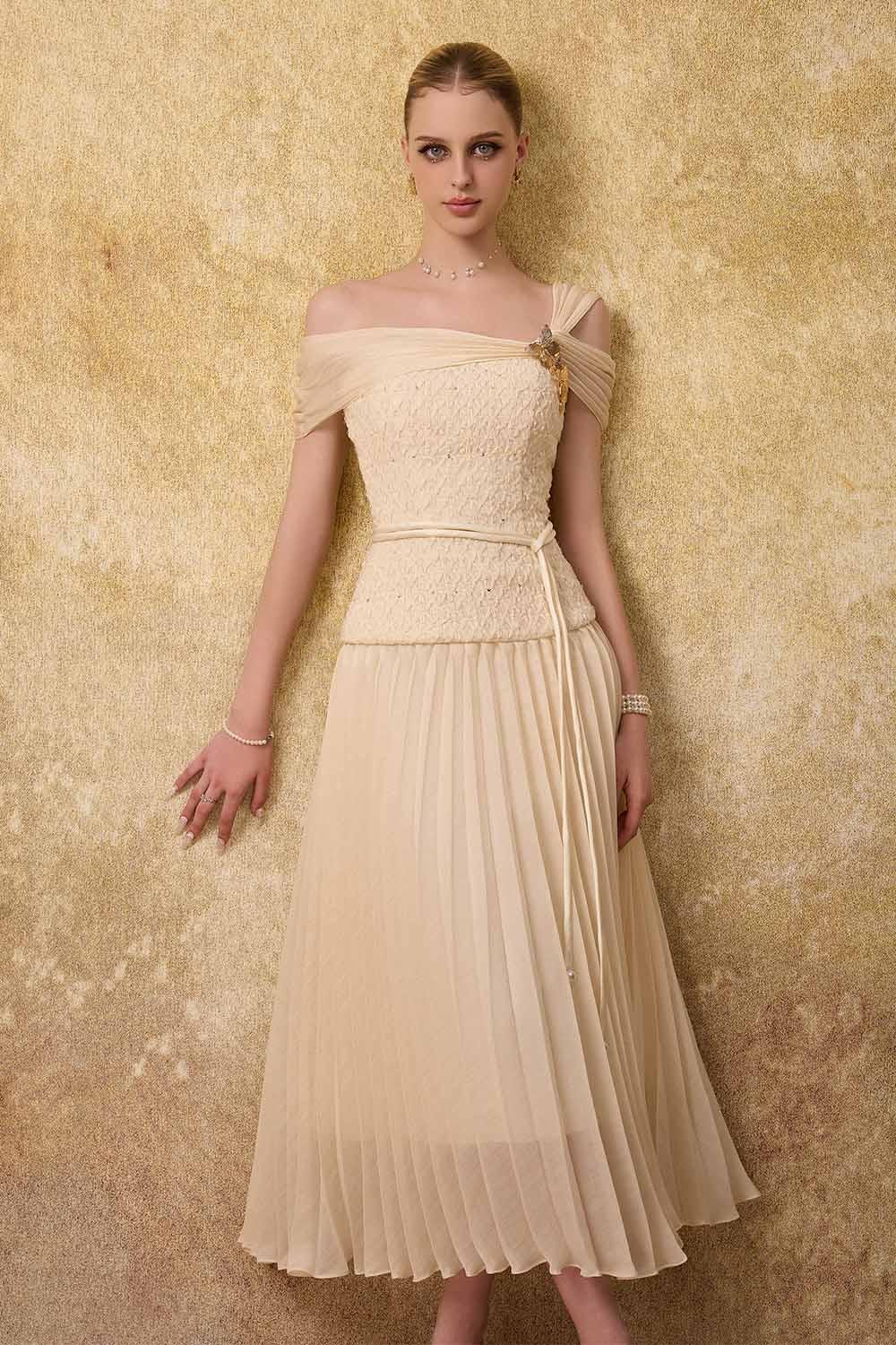 Women's Sovere Flared Knife-Pleated Crepe Ankle Length Dress S/M/L/Customize Creamy Yellow MEAN BLVD Creamy Yellow / S Women's Sovere Flared Knife-Pleated Crepe Ankle Length Dress S/M/L/Customize Creamy Yellow MEAN BLVD Creamy Yellow / S