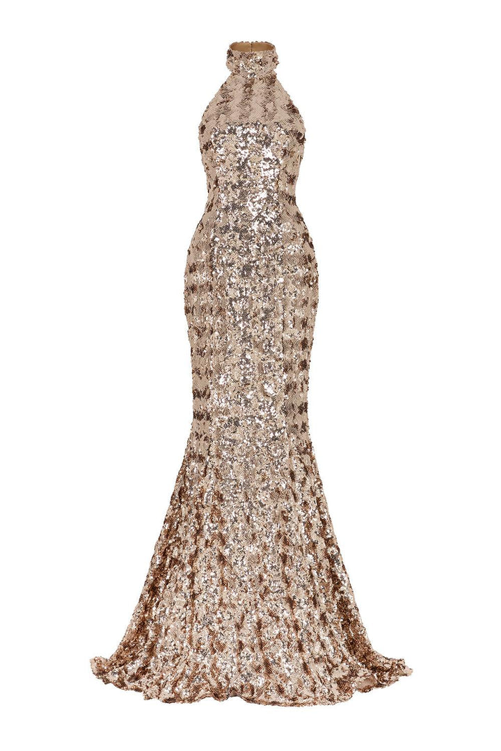 Sparkling Venus Mermaid Halter Neck Sequin Floor Length Dress - MEAN BLVD