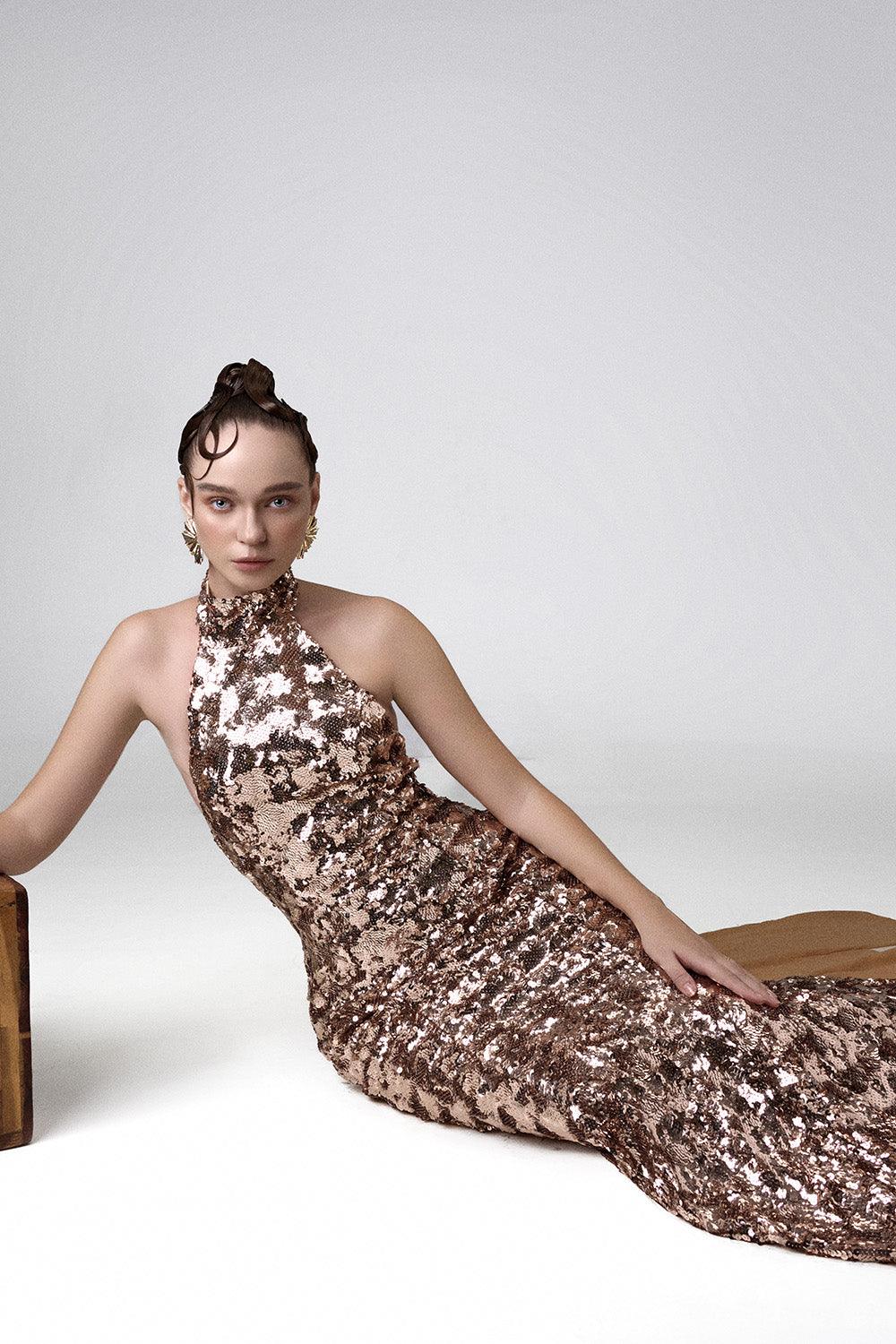 Women's Sparkling Venus Mermaid Halter Neck Sequin Floor Length Dress XS/S/M/L/XL/Customize Sand Castle MEAN BLVD Sand Castle / XL Women's Sparkling Venus Mermaid Halter Neck Sequin Floor Length Dress XS/S/M/L/XL/Customize Sand Castle MEAN BLVD Sand Castle / XL