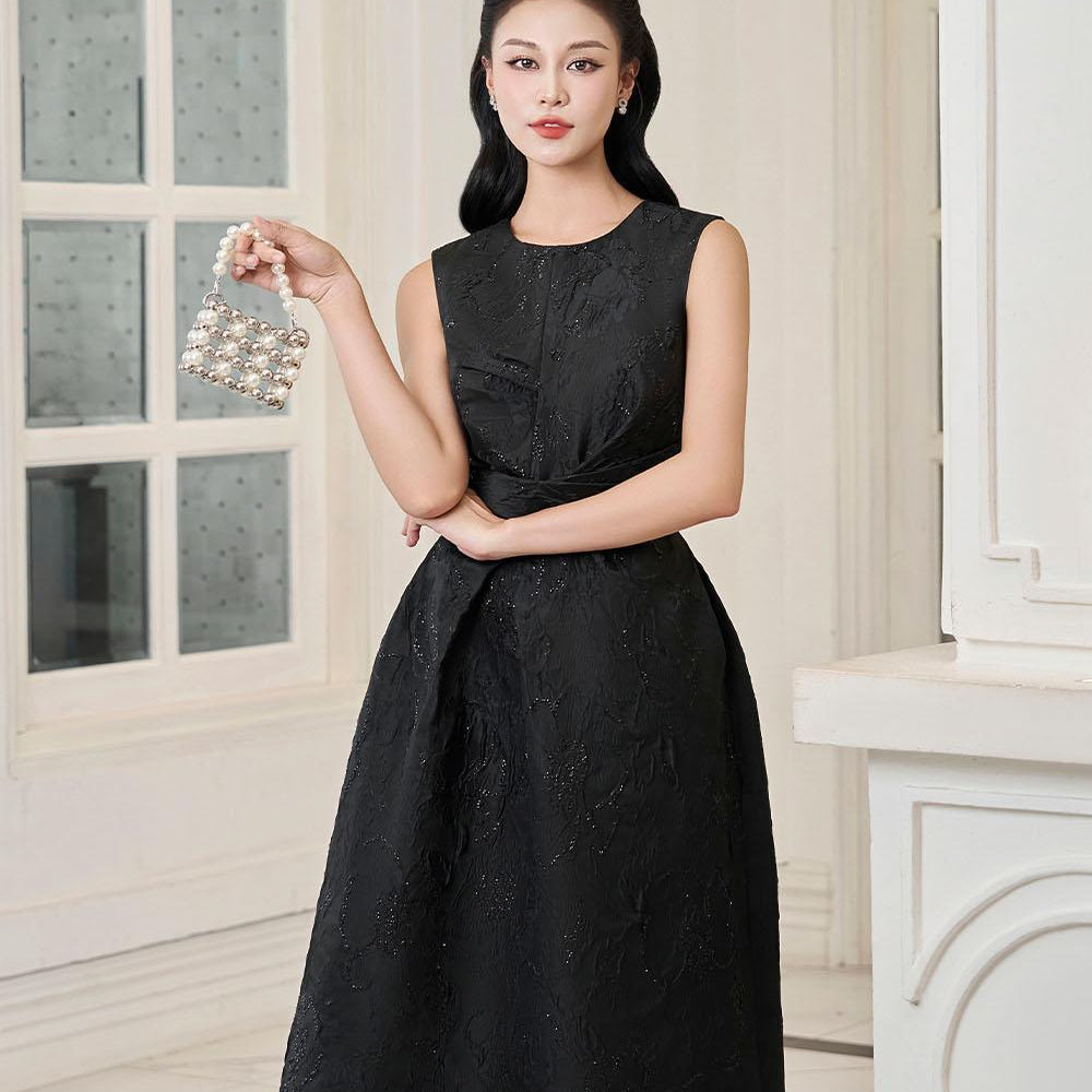 Spectra A-line Draped Jacquard Midi Dress - MEAN BLVD