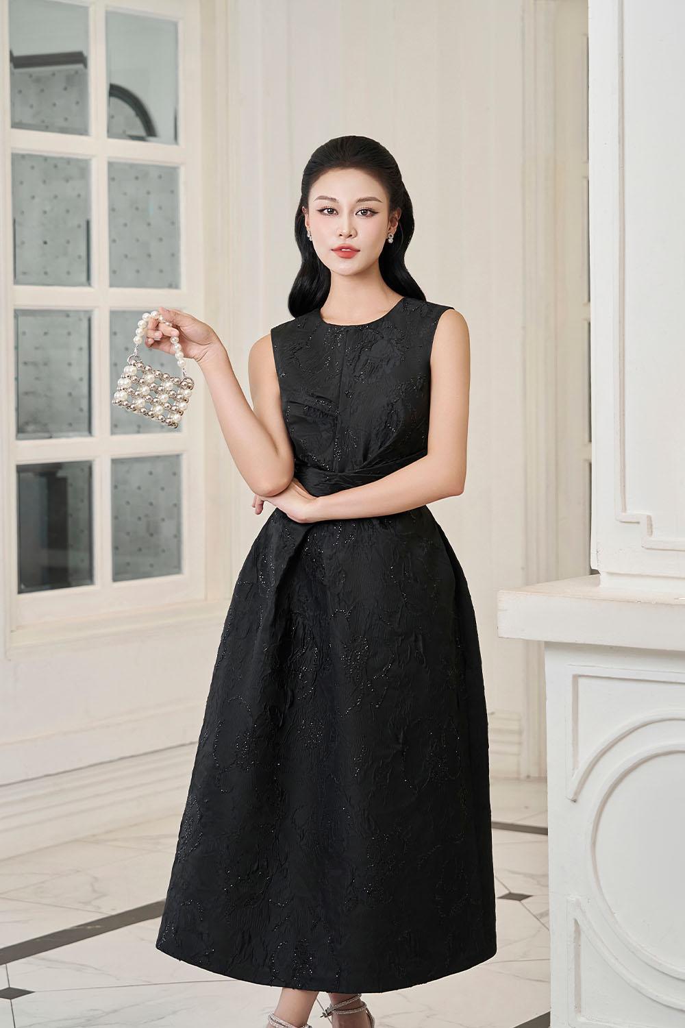 Women's Spectra A-line Draped Jacquard Midi Dress S/M/L/XL/XXL Black MEAN BLVD Black / XL Women's Spectra A-line Draped Jacquard Midi Dress S/M/L/XL/XXL Black MEAN BLVD Black / XL