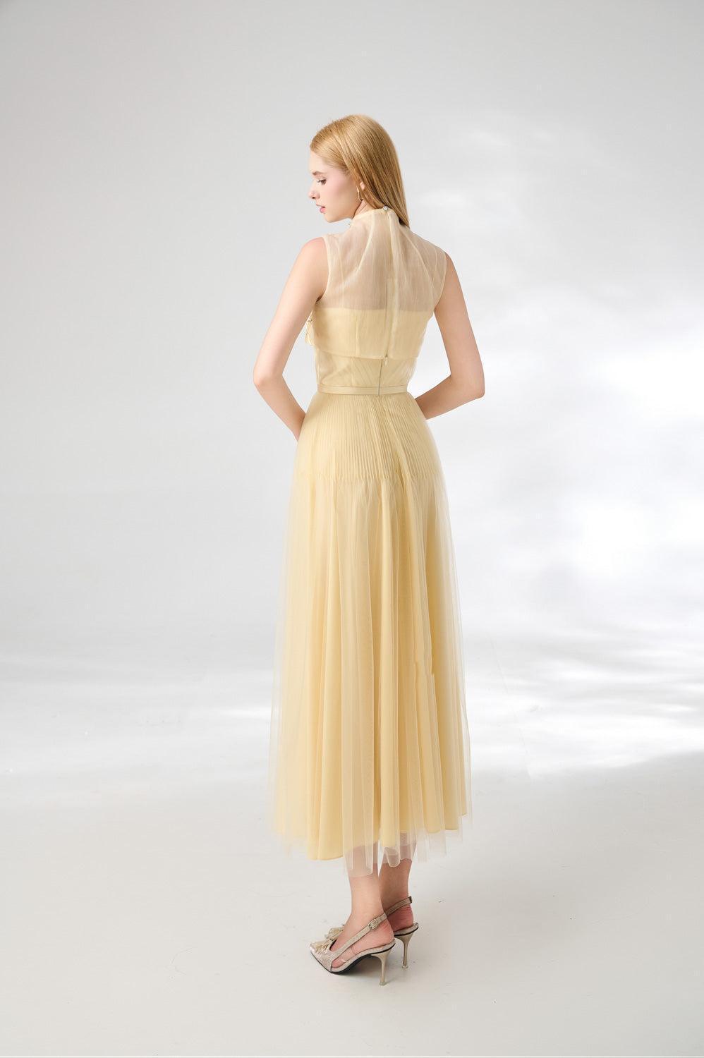 Spencer A-line High Neck Mesh Silk Midi Dress - MEAN BLVD