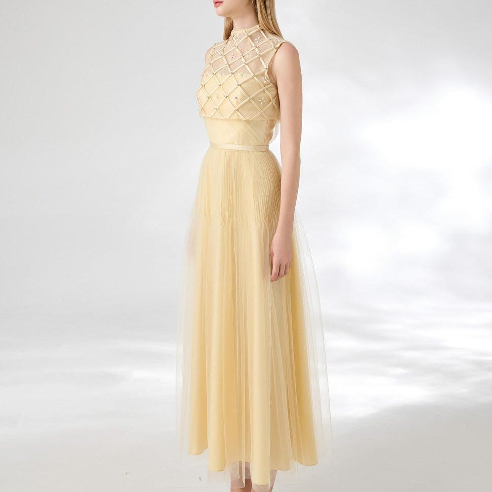 Spencer A-line High Neck Mesh Silk Midi Dress - MEAN BLVD