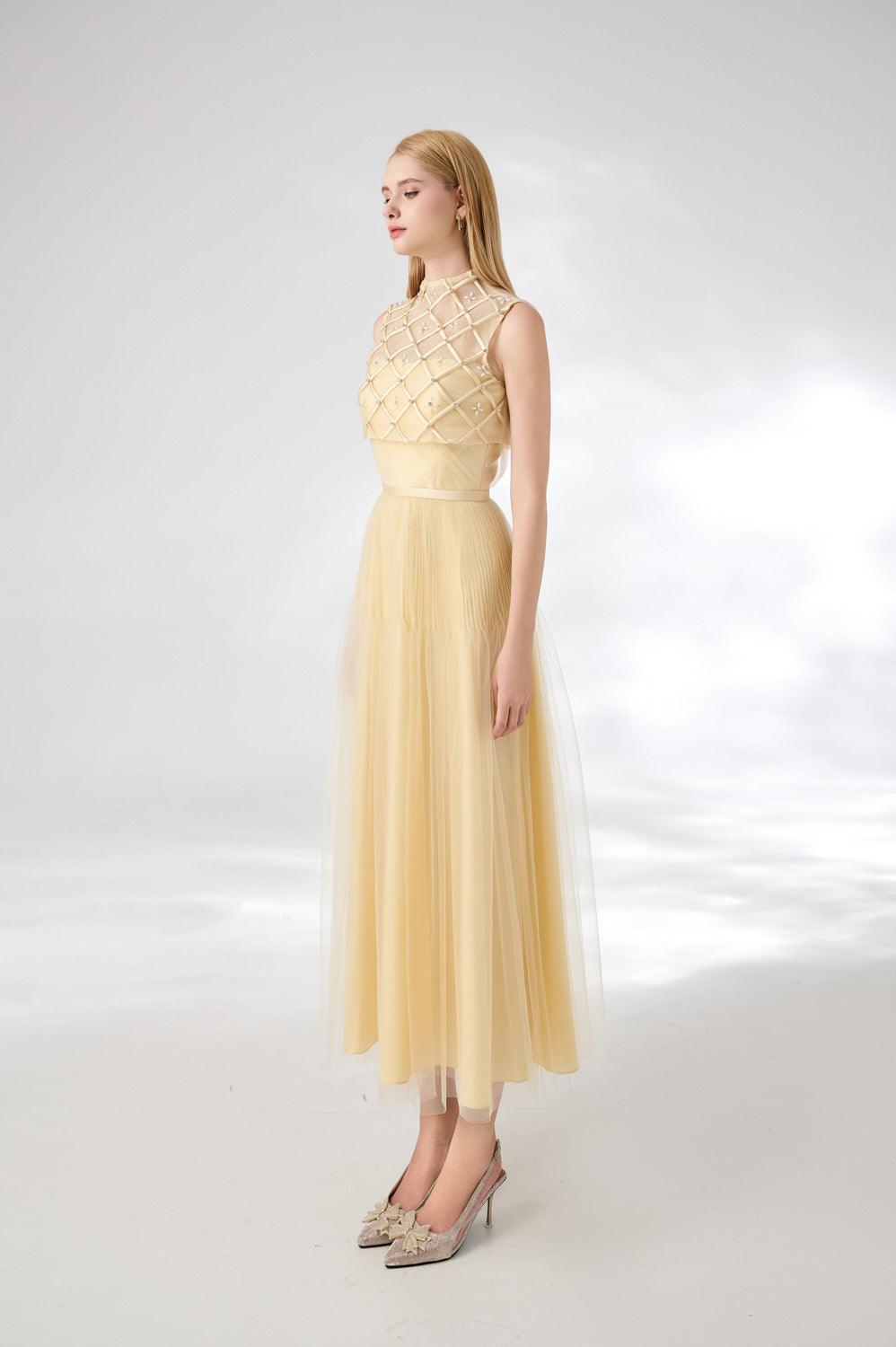 Spencer A-line High Neck Mesh Silk Midi Dress - MEAN BLVD