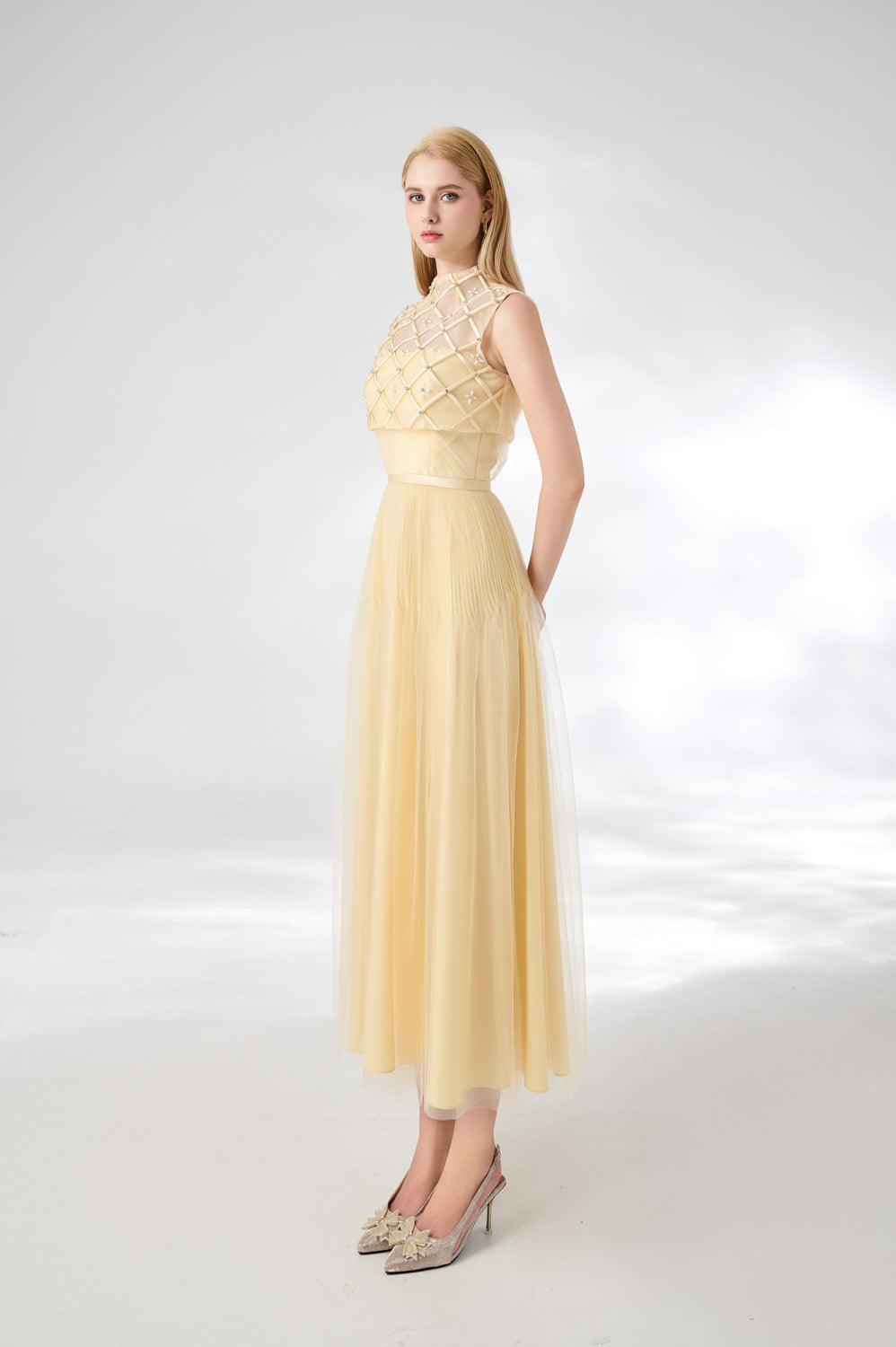 Spencer A-line High Neck Mesh Silk Midi Dress - MEAN BLVD