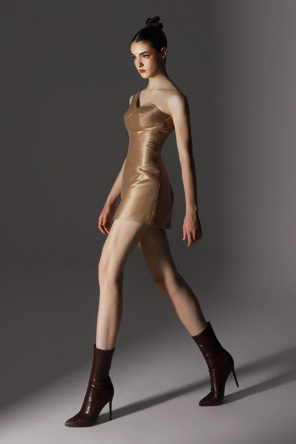 Women's Statuesque A-line One Shoulder Brocade Silk Mini Dress 0/1/2/Customize Brown MEAN BLVD Brown / 2 Women's Statuesque A-line One Shoulder Brocade Silk Mini Dress 0/1/2/Customize Brown MEAN BLVD Brown / 2