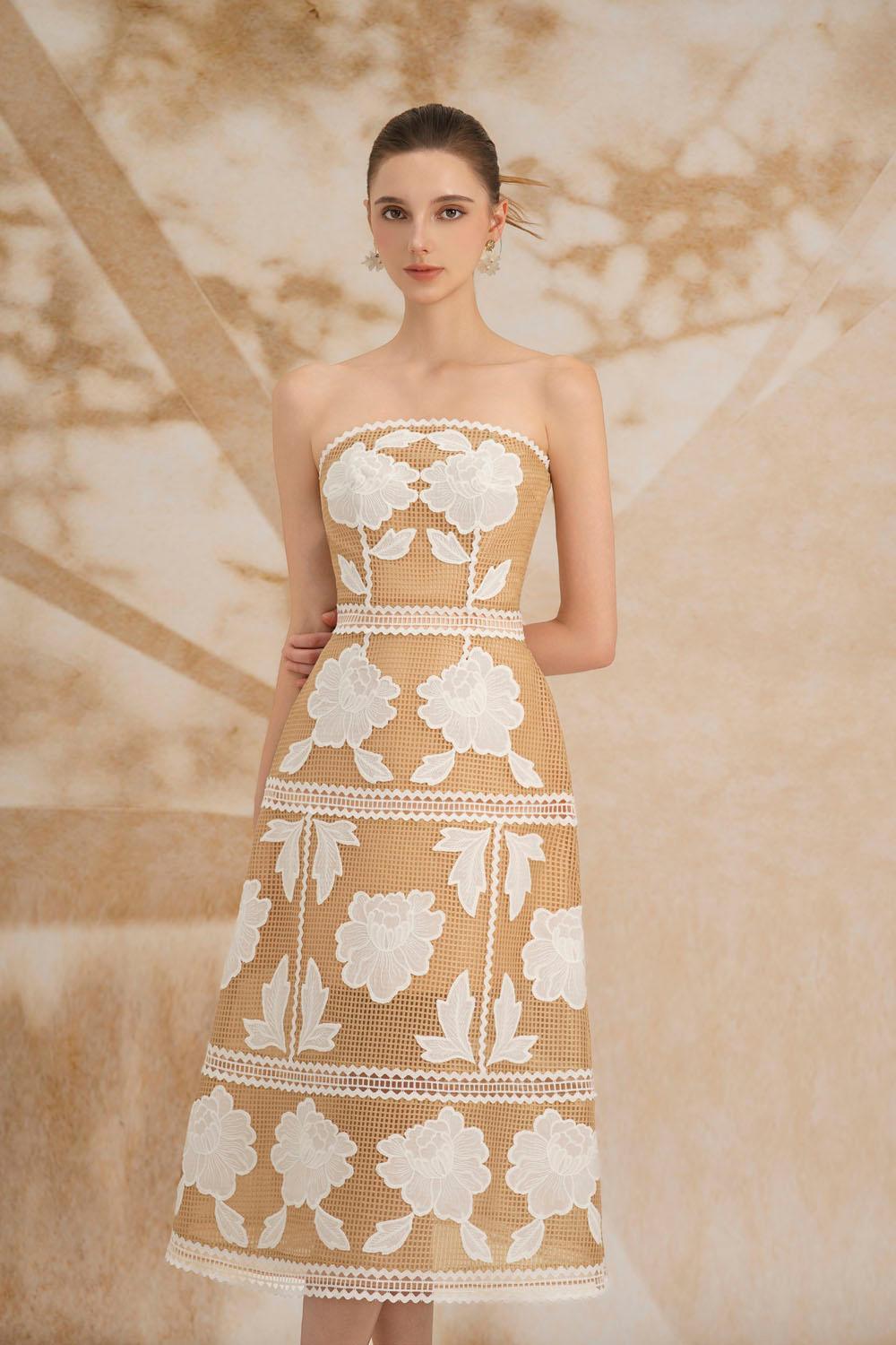 Women's Stella A-line Straight Across Neck Mesh Lace Midi Dress S/M/L/Customize Cream White Floral MEAN BLVD L / Cream White / Floral Women's Stella A-line Straight Across Neck Mesh Lace Midi Dress S/M/L/Customize Cream White Floral MEAN BLVD L / Cream White / Floral