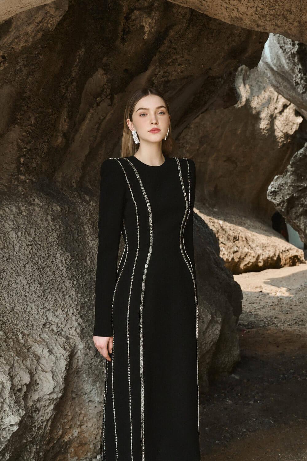 xxl midi dress Women's Stephanie Sheath Long Sleeved Crepe Midi Dress XS/S/M/L/XL/XXL//Black/MEAN BLVD Customize / Black