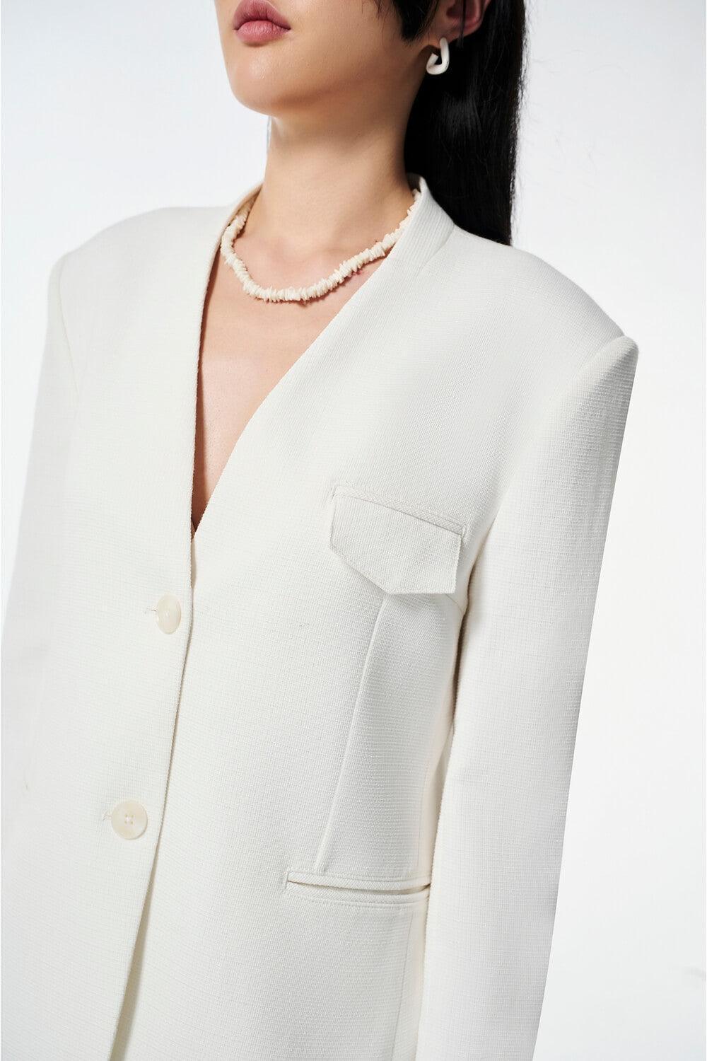 Strawy Straight Collarless Wool Cotton Blazer - MEAN BLVD