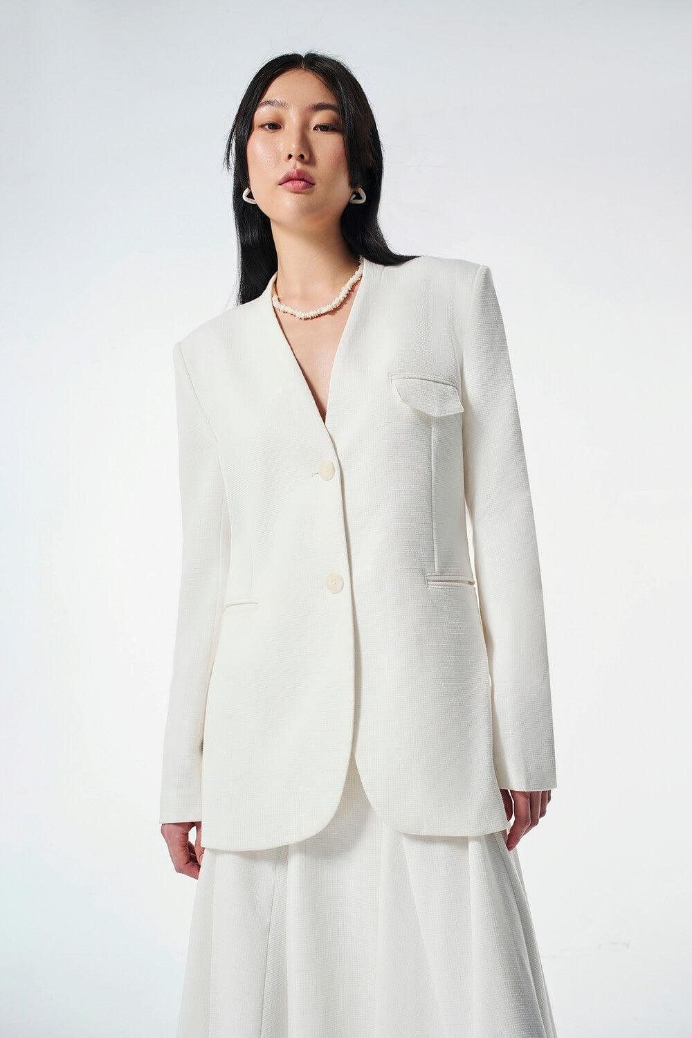 Strawy Straight Collarless Wool Cotton Blazer - MEAN BLVD