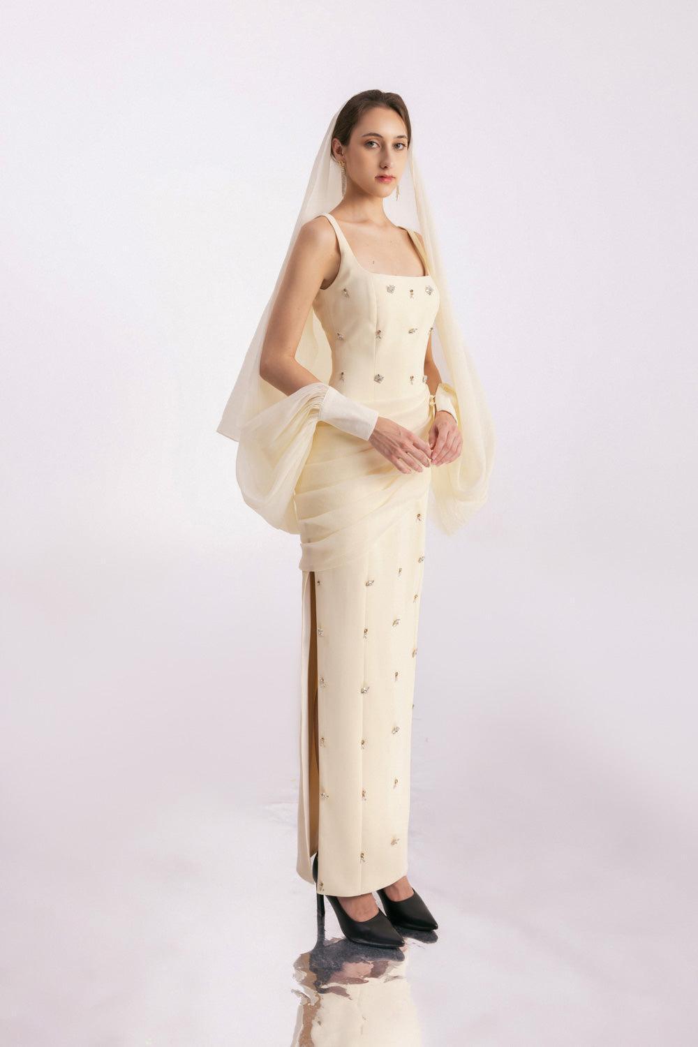 Sylvia Sheath Square Neck Twill Floor Length Dress - MEAN BLVD