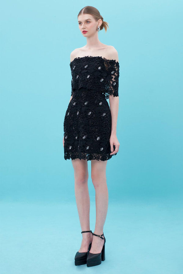 Sylvie A-line Off-Shoulder Lace Mini Dress - MEAN BLVD