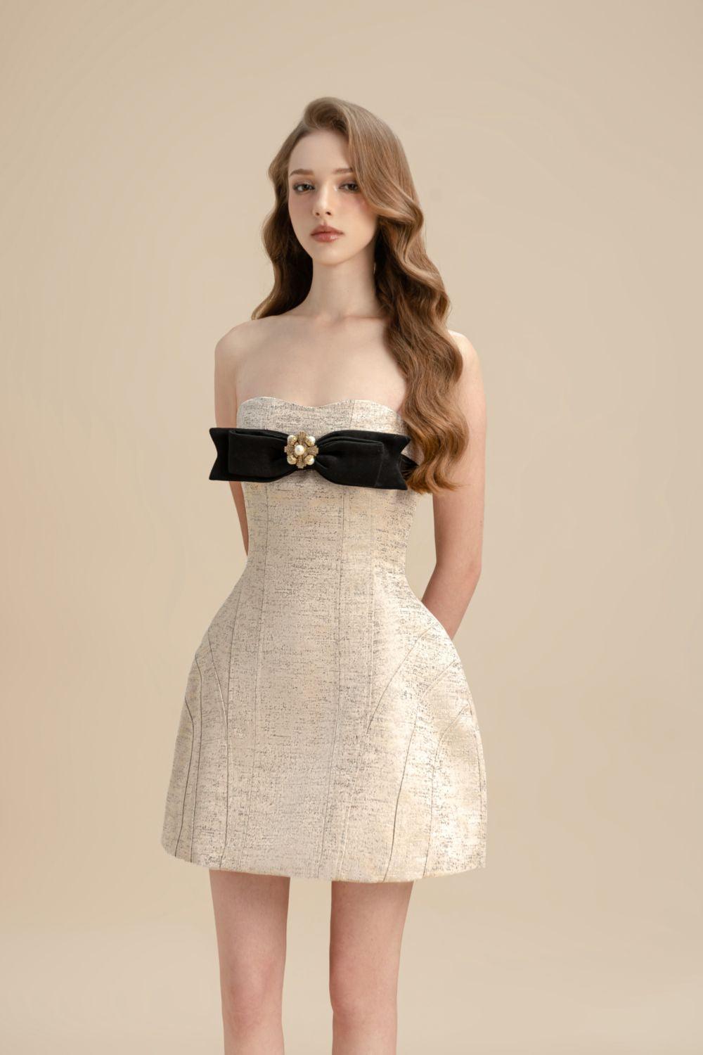 Women's Tamsin Strapless Bow Jacquard Mini Dress XS/S/M/L/XL Pink Mean Blvd, Pink Beige / Xs