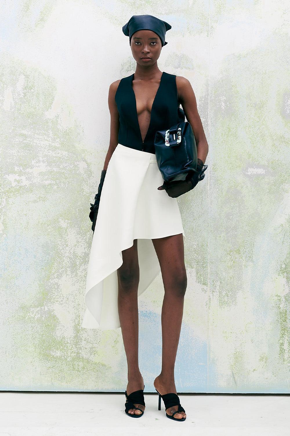 Terraced Asymmetric Back Zipper Twill Calf Length Skirt - MEAN BLVD