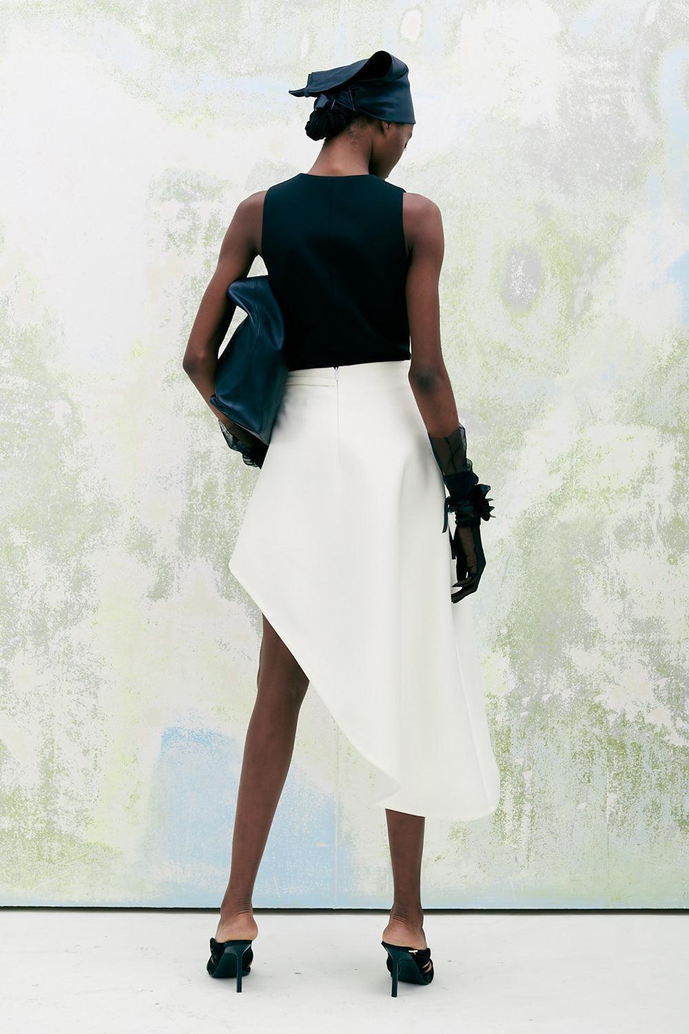 Terraced Asymmetric Back Zipper Twill Calf Length Skirt - MEAN BLVD