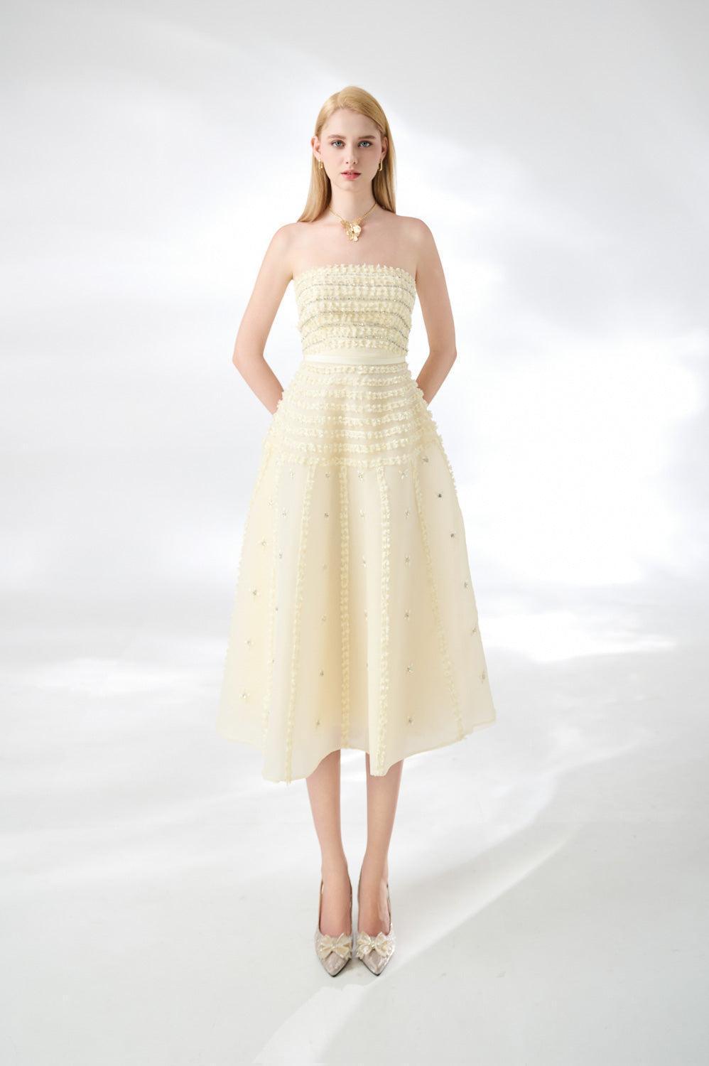 Women's Terry Strapless Stone Organza Midi Dress XS/S/M/L/XL/Customize Beige/Pink Mean Blvd Beige / L