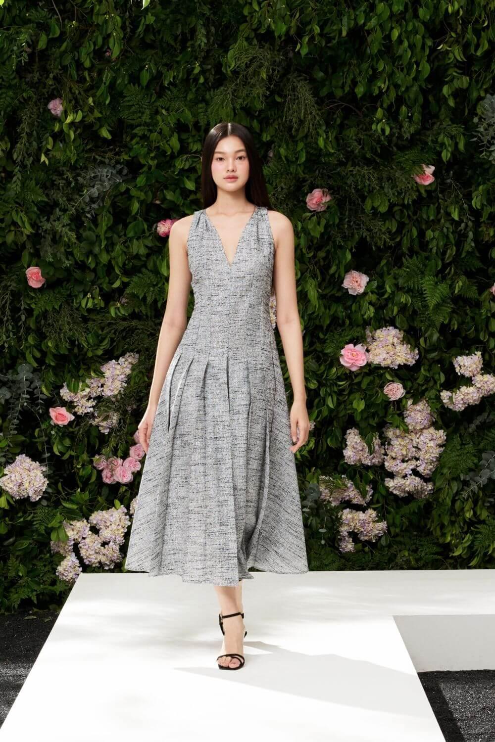 Tessa Pleated Sleeveless Wool Cotton Midi Dress - MEAN BLVD