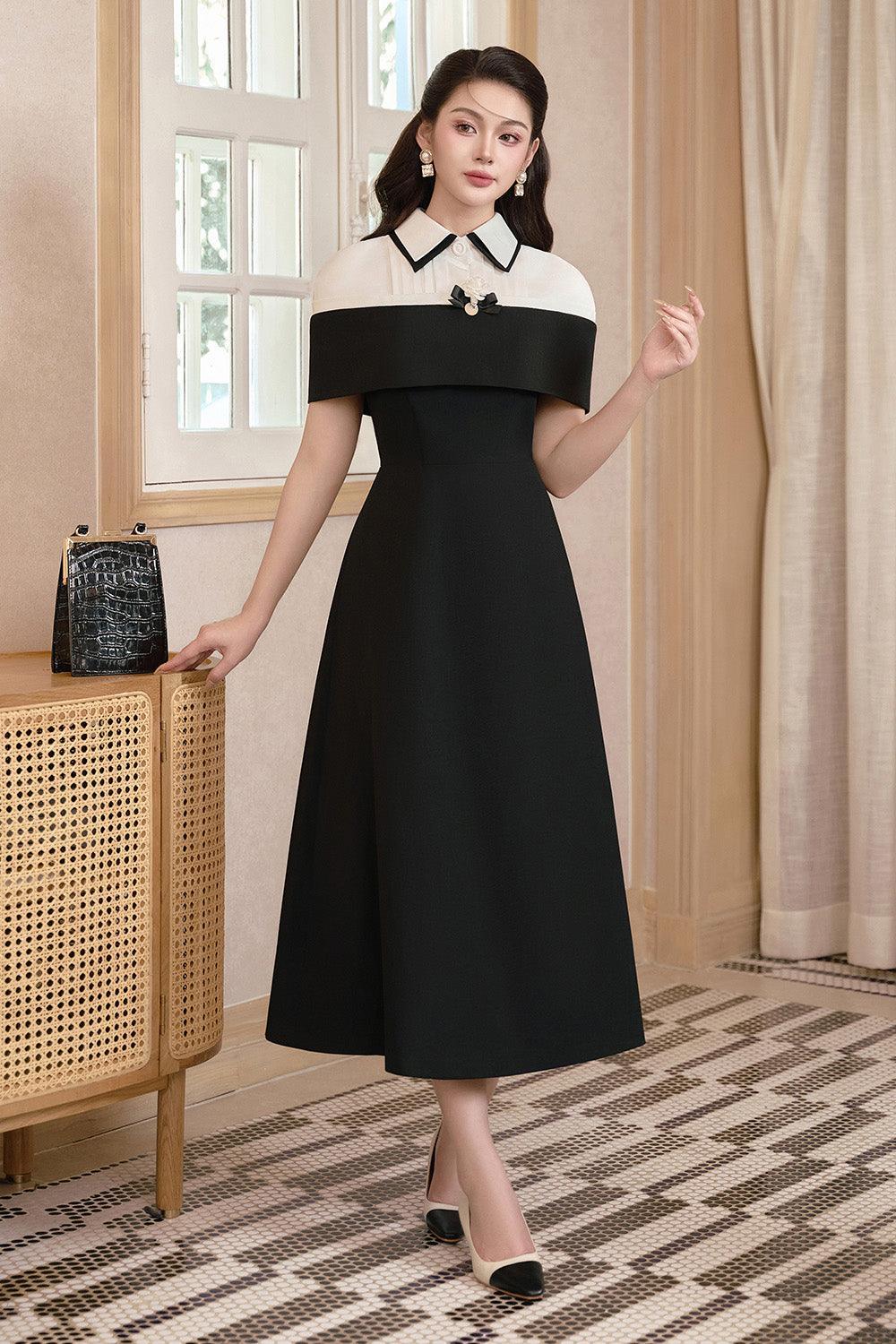 cape cotton dress Women's Thalia A-line Cape Shoulder Linen Cotton Midi Dress S/M/L/Customize Black and White MEAN BLVD Black and White / Customize