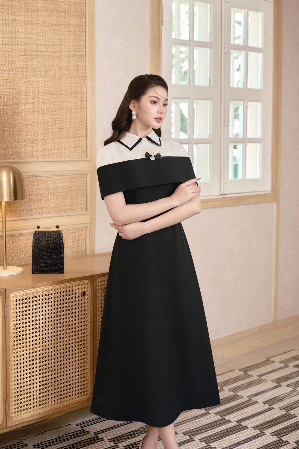 knee length dresses for ladies Women's Thalia A-Line Cape Shoulder Linen Cotton Midi Dress S/M/L/Customize Black and White Mean Blvd Black and White / M