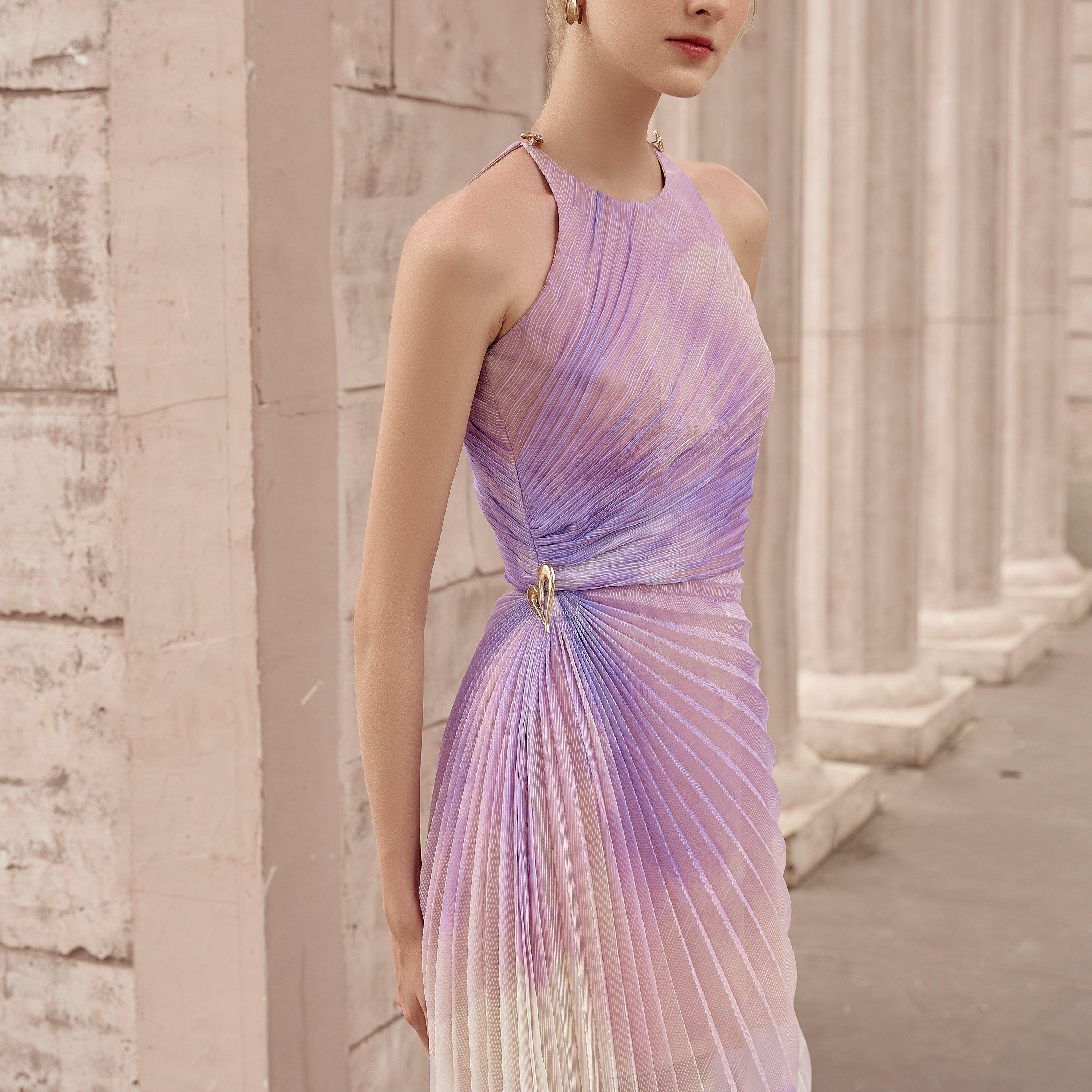 Thalia Pleated Halter Neck Organza Ankle Length Dress - MEAN BLVD